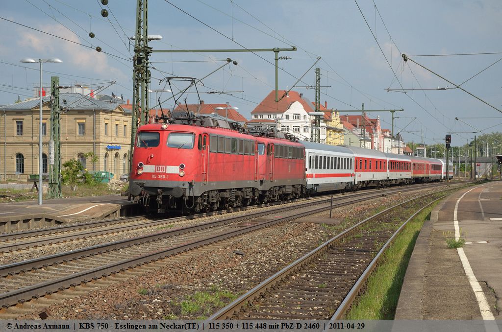 115 350 und die leer mit-fahrende 115 448 fahren den PbZ-D 2460 von Mnchen nach Stuttgart durch Esslingen am Neckar. (29,04,2011)