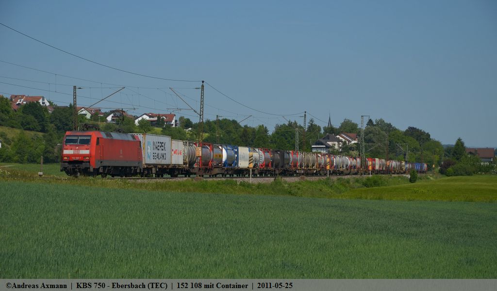 152 108 mit einem Containerzug Richtung Stuttgart/Kornwestheim durch Ebersbach/Fils. (25,05,2011)