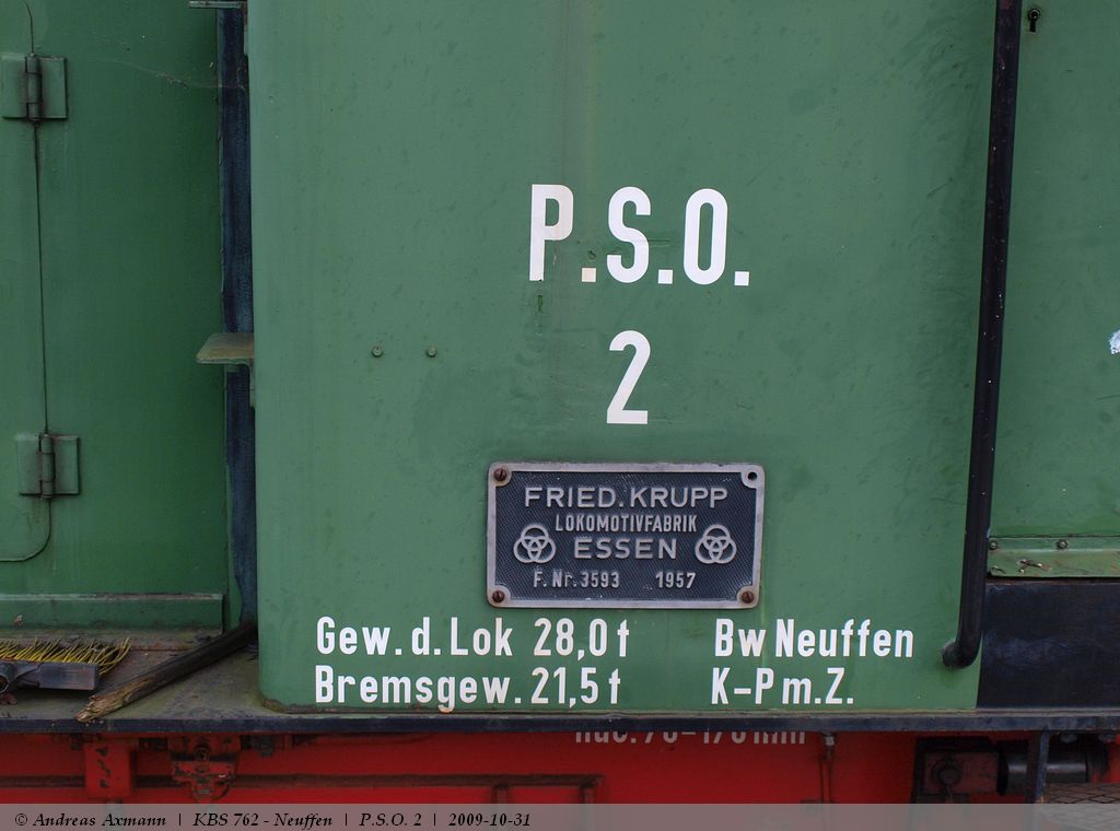 Beschriftung mit Lokschild der Krupp 3593 heute bei der GES ehemals Lok 2 der PSO - Papierfabrik Scheufelen GmbH & Co. KG (Oberlenningen. (31,10,2009)