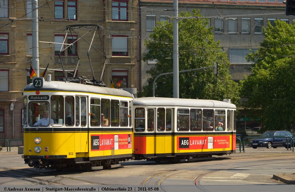 Die Oldtimerlinie 23 fhrt von der Straenbahnwelt Stuttgart kommend ber die Knig-Karl-Brcke zur Haltestelle Ruhbank Fernsehturm und zurck. (08,05,2011)