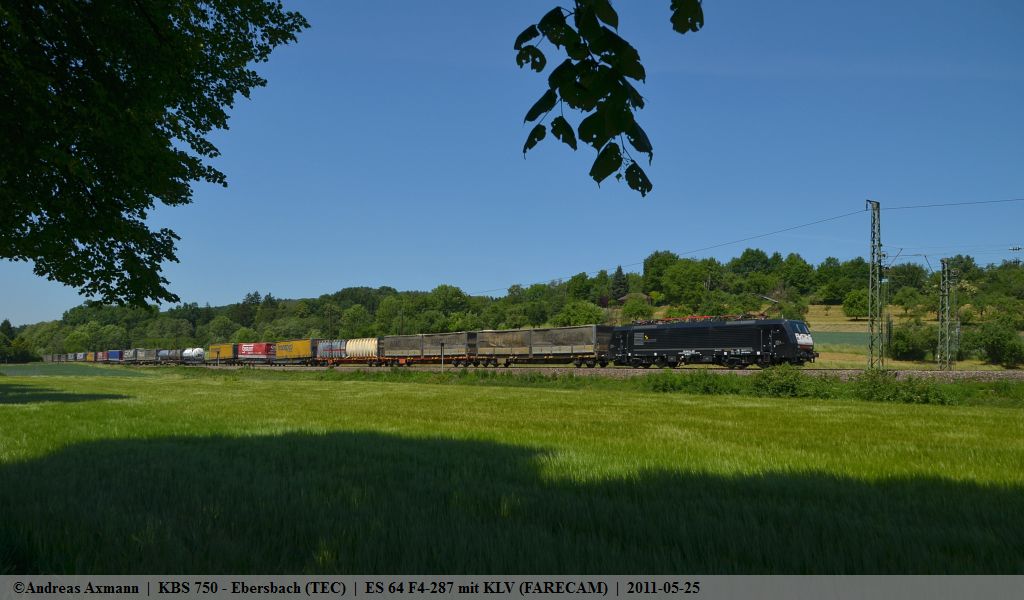 ES 64 F4-287 (E189 287) zieht einen KLV (Farecam ??) von Stuttgart kommen in Richtung Mnchen, gleich ist Ebersbach/Fils erreicht. (25,05,2011)