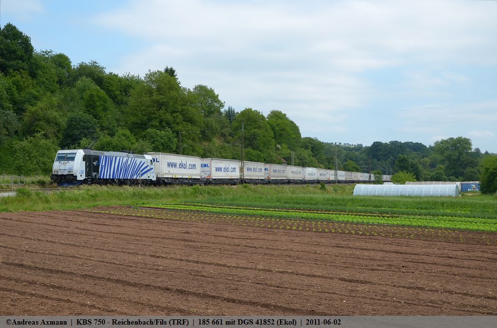 Lokomotion 185 661 zieht den DGS 41852 (Ekol) von  Triest Campo Marzio kommend auf dem Weg nach Worms durch Reichenbach/Fils. (02,06,2011)
