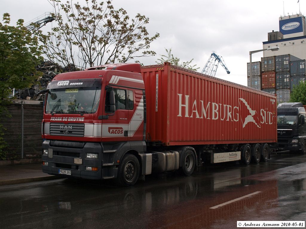 MAN TGA 18.400  - Spedition  Frank de Bruyne / Acos  Bremen  mit Container beim Stuttgarter Hafen-Westkai. (01;05;2010)
