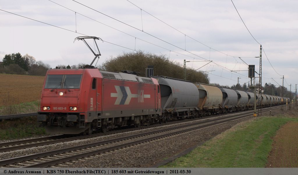 Mit einem Getreidewagenzug fhrt 185 603 in Richtung Stuttgart. (30,03,2011)