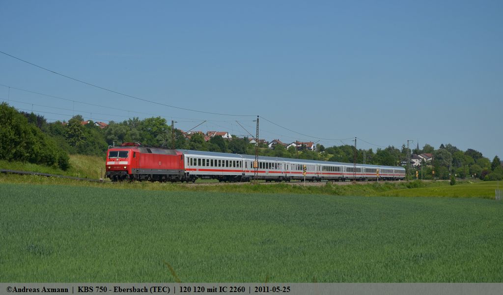 Nach dem 120 120 als Tfzf in Ulm angekommen ist, bernahm sie den IC 2260 nach Karlsruhe, hier bei der durchfahrt Ebersbach/Fils. (25,05,2011)