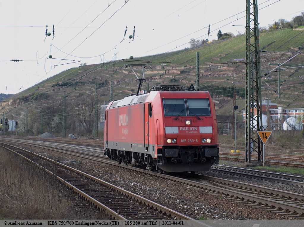 Triebfahrzeugfahrt der 185 280 nach Plochingen durch Esslingen am Neckar um einen Gemischten Gterzug abzuholen. (01,04,2011)