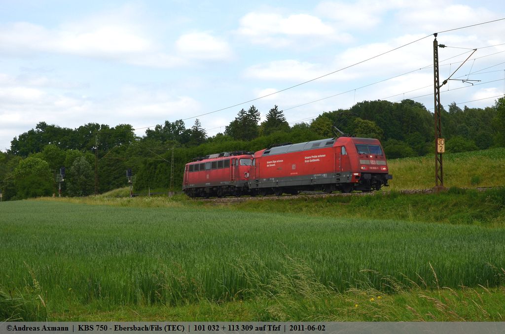 berfhrungsfahrt/Tfzf von 101 039 mit 113 309 in Richtung Mnchen bei Ebersbach/Fils. (02,06,2011)