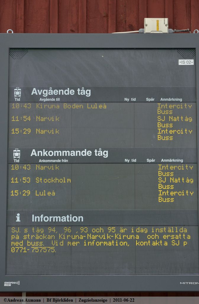 Zugzielanzeige am Bf Bjrkliden. Anzeige (Heute) streckensperrung zwischen Kiruna-Narvik-Kiruna.  (22,06,2011)