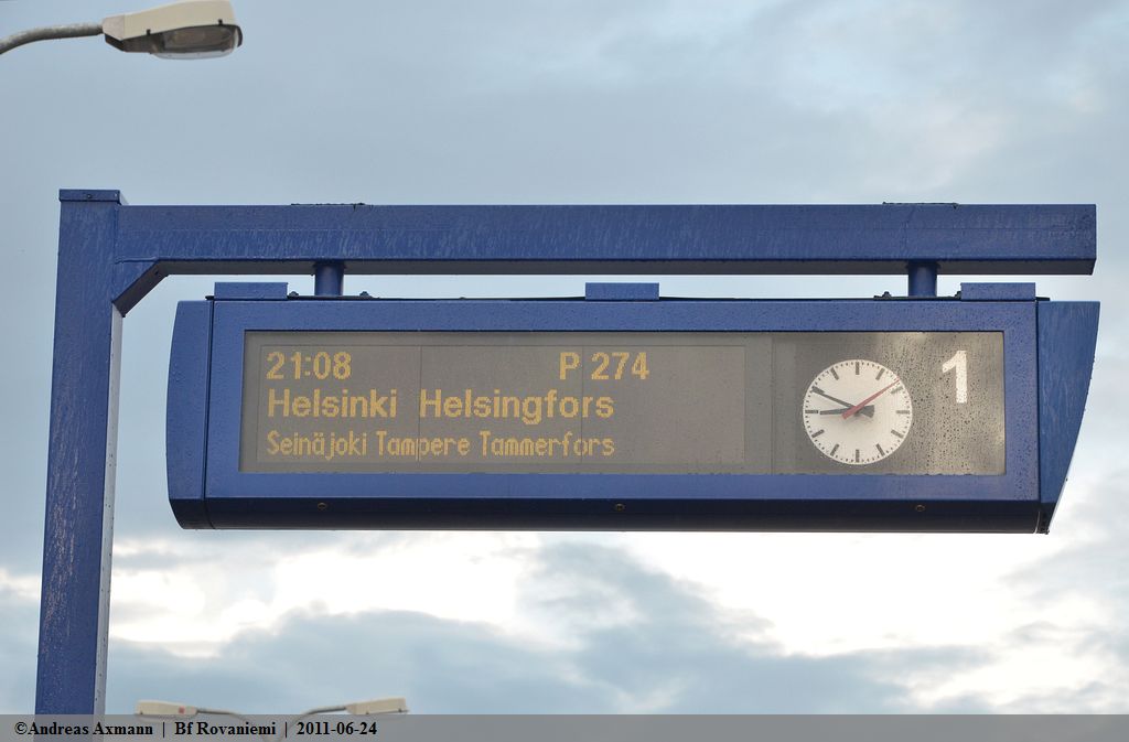 Zugzielanzeige fr den P274 nach Helsinki in Rovaniemi. (24,06,2011)
