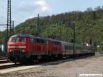 BR 218 mit Zugen 218 499 und 218 434 ziehen IC 2013 aus Stuttgart kommend nach Oberstdorf in den Bf Plochingen. (26,04,2010)