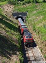 BR 218 mit Zugen 218 495-0 kommt mit RE 19612 aus dem Sulzauer Tunnel mit seinem Umleiter auf dem Weg nach T�bingen heraus. (24,05,2010)