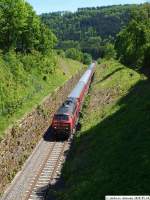 Anfahrt an den Sulzauer Tunnel aus Tbingen auf dem Weg nach Horb mit Umleiter RE 19609 und 218 456-2. (24,05,2010)
