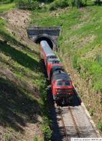 218 495-0 kommt mit RE 19612 aus dem Sulzauer Tunnel mit seinem Umleiter auf dem Weg nach Tbingen heraus. (24,05,2010)