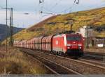 kohle--erz--und-kokszuge 189 002 mit einem Fals-wagen Zug bei der durchfahrt Esslingen am Neckar in Richtung M�nchen. (11,11,2010)