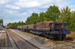 Wagen 6 Wagen H-�PCEL Sgs �BB mit neuen Stahlschwellen und 3 Wagen mit alten Schwellen die gerade entladen werden stehen auf Gleis 2 in Dettingen/Teck. (29:08:2011)