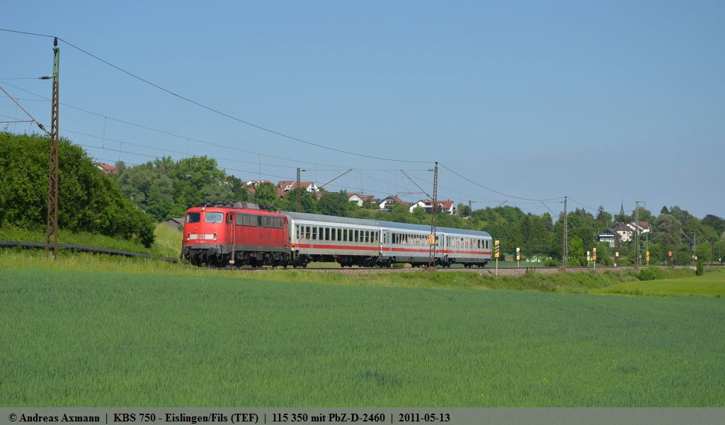 115 350 mit drei IC-Wagen als PbZ-D 2460 auf ihrem Weg von Mnchen nach Stuttgart bei Ebersbach/Fils. (13,05,2011)
