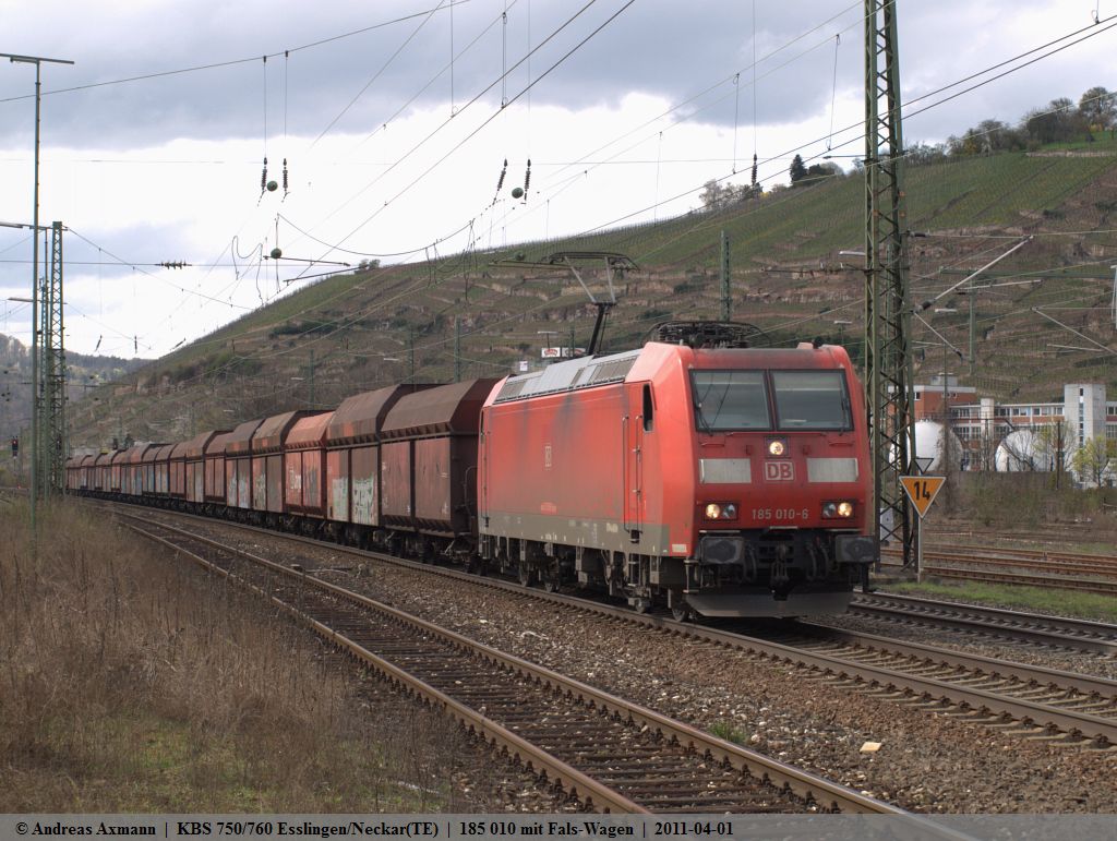 185 010 mit Fals-Wagen auf dem Weg nach Plochingen zum EnBW Kohlekraftwerk Altbach durch Esslingen am Neckar. (01,04,2011)