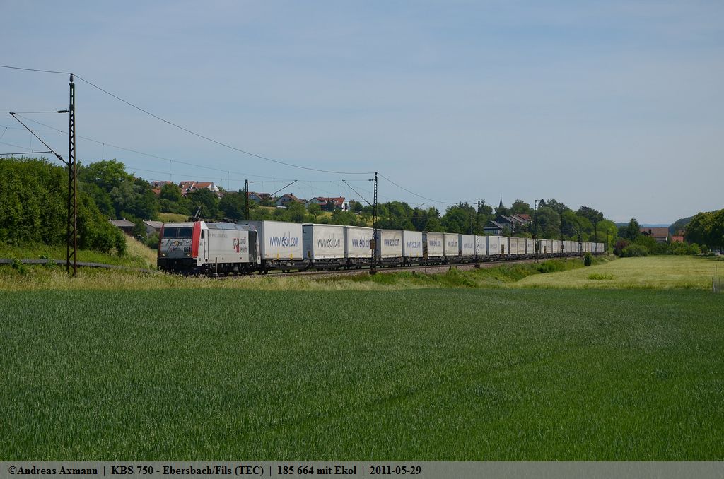 185 664 (Kombiverkehr) mit Ekol  bei der durchfahrt Ebersbach/Fils von  Triest Campo Marzio kommend auf dem Weg nach Worms. (29,05,2011)
