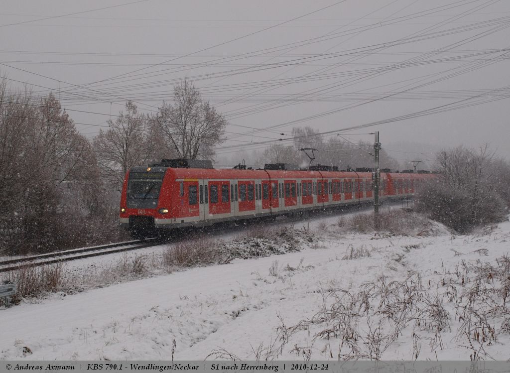 423 376 und 423 ? als  Doppeleinheit fhrt bei dichtem Schneetreiben an Heiligabend als S1 von Kirchheim unter Teck durch Wendlingen am Neckar mit Ziel Herrenberg. (24,12,2010)