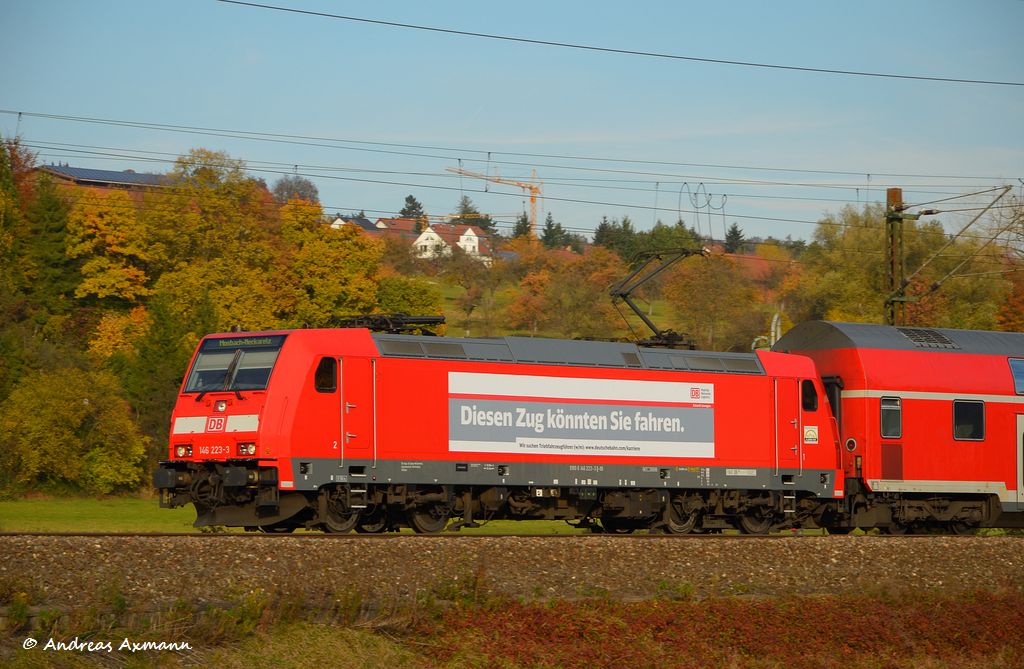 Die neue Werbelok 146 223  Diesen Zug knnen Sie fahren  mit RE 19226 durch Ebersbach/Fils nach Stuttgart. (01,11,2011)