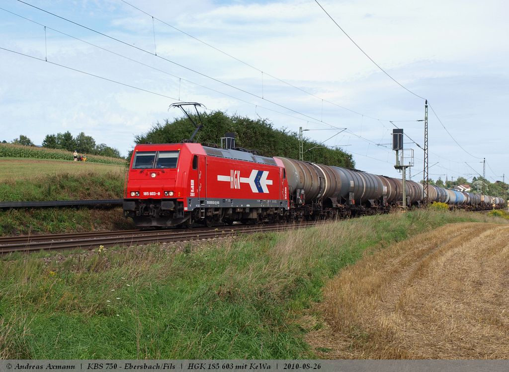 HGK 185 603-8 mit Kesselzug in Richtung Stuttgart bei Ebersbach/Fils. (26,08,2010)