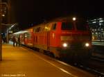 218 194 mit Nikolaus-express bei der Rckfahrt von Maulbronn-Stadt nach Plochingen (Tbingen) als RE2295 mit Zwischenhalt hier in Plochingen.