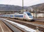 TGV Weltrekordzug 4401 durch-fährt als Messzug den Bf. Plochingen in Richtung München um 14:41 Uhr. (20,01,2010)