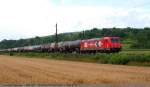 Um 12:28 Uhr kam die HGK 185 587 mit am Zugende schiebenden DE 668 vor Ebersbach mit einem KeWa-Zug entgegen. (29,07,2010)
